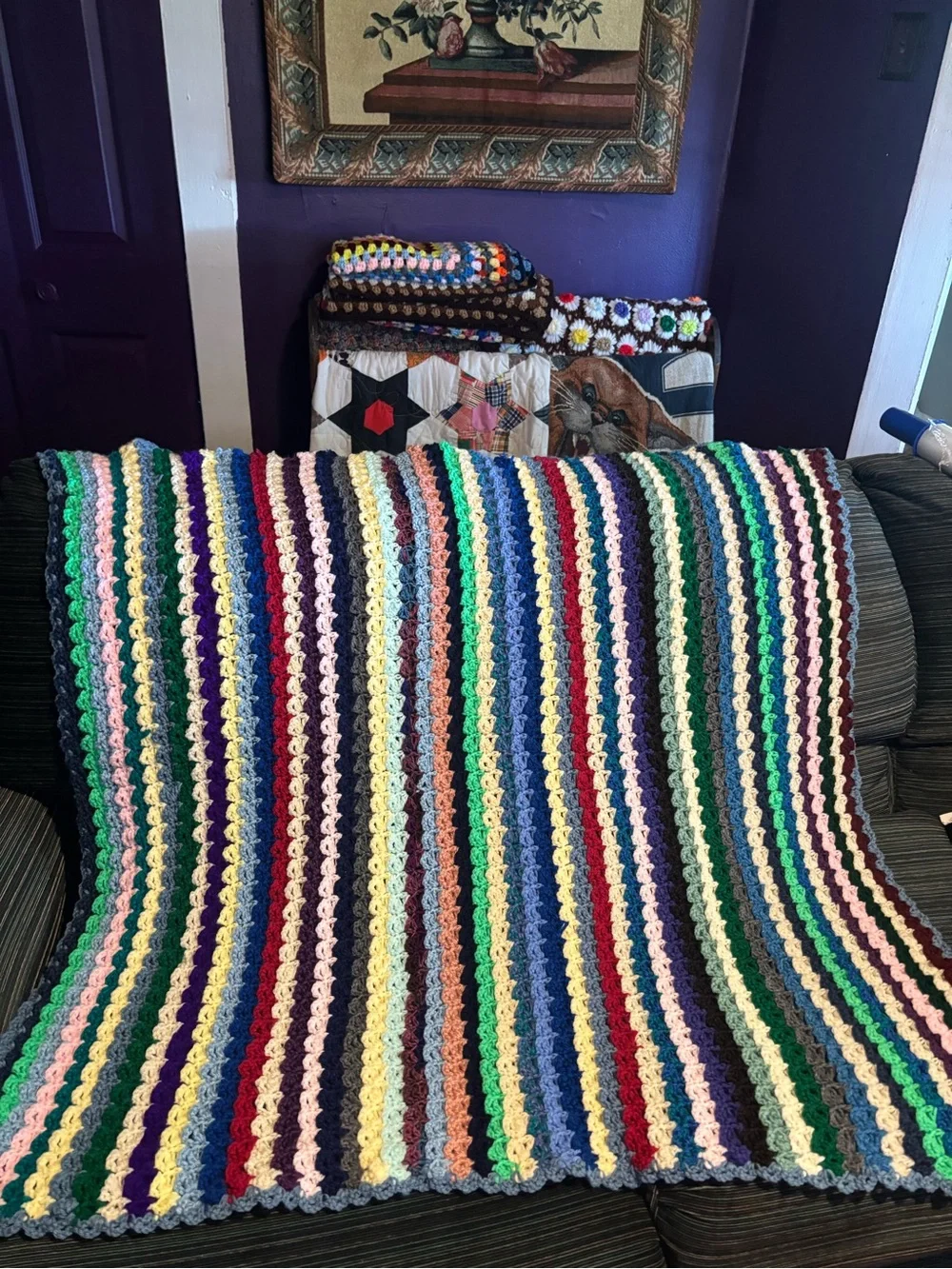 Handmade Multicolor Striped Crochet Throw